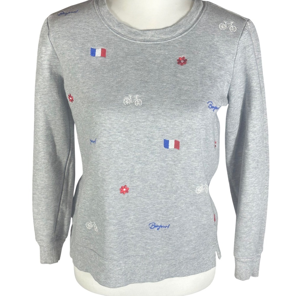Talbots Sweatshirt Womens SP Grey Embroidered French Flag Bicycle Crewneck
